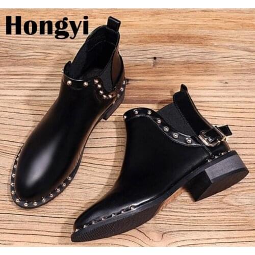 Discount Black PU leather Ankle Boots Women Winter Thick Heeled Belt Designer Rivet Slip On Elastic Ladies Shoes Bota Feminina