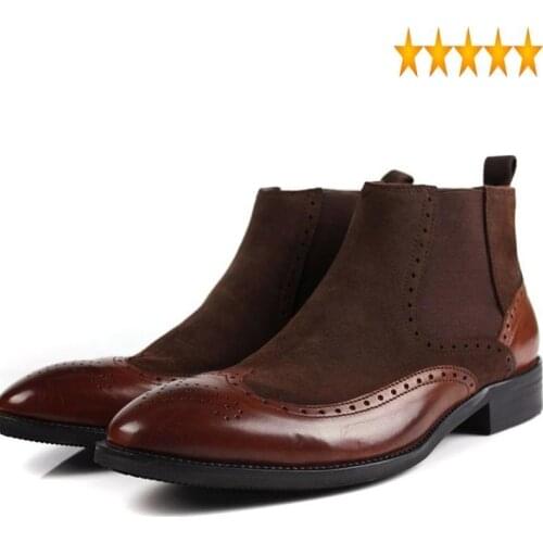 Mens Italian Leather Genuine Suede Chelsea Retro Slip On Boots Winter Top Business Man Brogue Shoes Punk Footwear