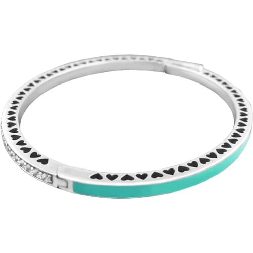 100% 925 Sterling Silver Jewelry Radiant Hearts Bangles with Bright Mint Enamel and Clear CZ Free Shipping