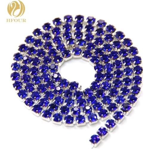 Free shipping 5yard/pack High quality Sliver base Royal Blue glass Rhinestones Cup Chain DIY Wedding decoration Accessories