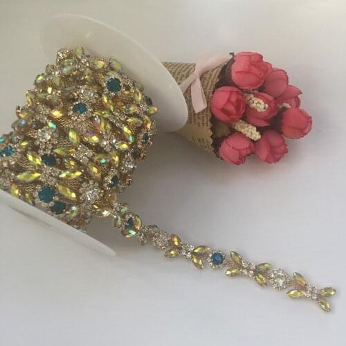 1Yard Sunflower Leaf Crystal Chain Silver Rhinestone Trim Sewing Trimmings Applique Rhinestones For Wedding Dress Decoration