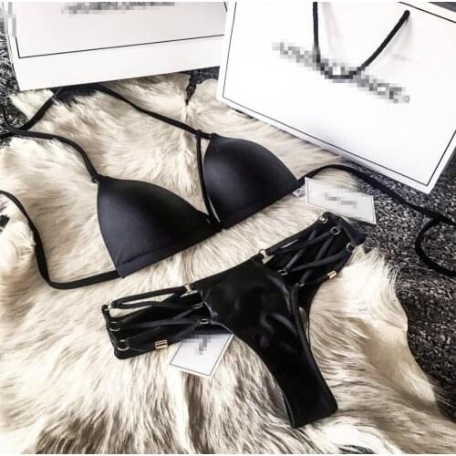 Black strapped swimsuit pushes up swimming wading sports bikini black sexy beachwear swimsuit women