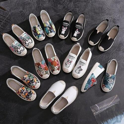 Breathable Linen Ladies Flat Shoes Summer Cartoon Print Loafers One-Foot casual Women Canvas Driving Shoes