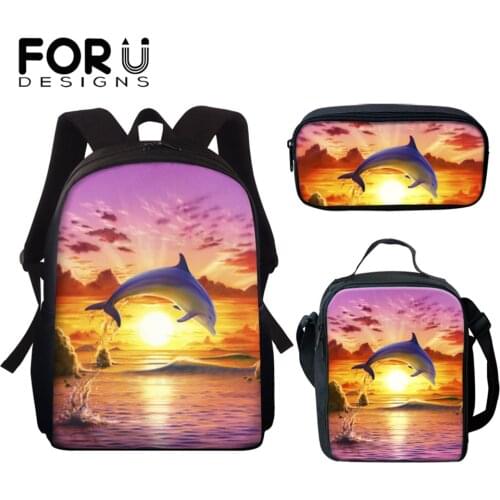 FORUDESIGNS Lovely Dolphin Printed Children Daily School Backapck Child Adjustable Schoolbag Set Outdoor Book Bags for Teen Girl