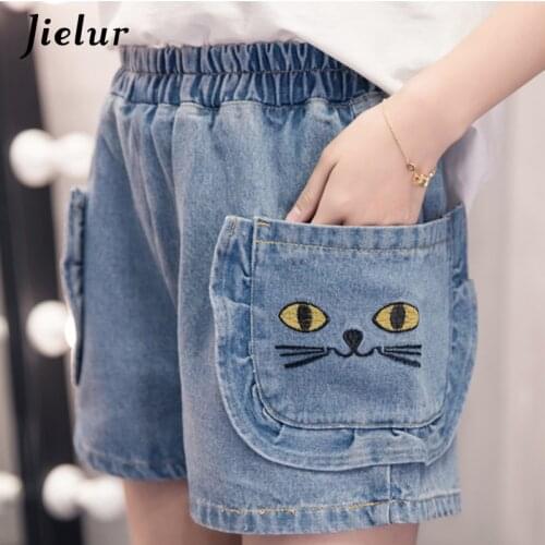 Jielur S-5XL Kawaii Embroidery Cat Jeans Woman Pocket Plus Size Wide Leg Jeans High Waist Summer Spodnie Damskie Jeansy
