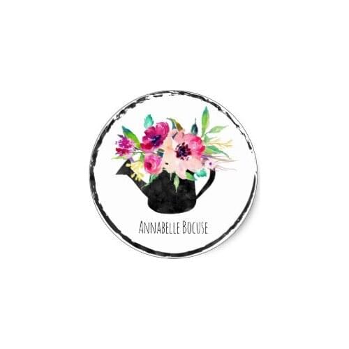 3.8cm Floral Watering Can Pink Watercolor Illustration Classic Round Sticker