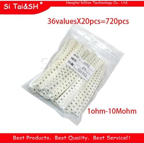 36valuesX20pcs=720pcs 0603 1ohm-10Mohm SMD Resistor Kit Assorted Kit 1% component diy samples kit new and original