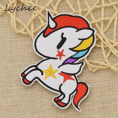 Lychee Colorful Cartoon Horse Unicorn Rainbow Pentagram Stars Iron On Patch Sewing Polyester With Back Adhesive Accessories