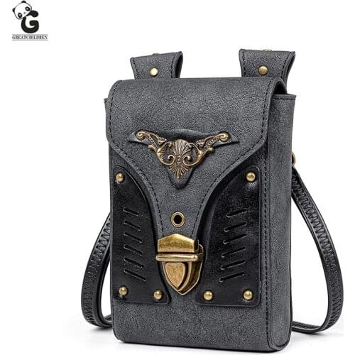 Mini Retro Bag Mobile Phone Wallet Womens Inclined Shoulder Steam Punk Accessory Lady Bag Leather Handbag Vogue Multi-Function