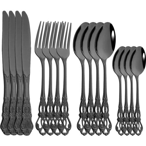 16Pcs Dinnerware Set Black Flatware Cutlery Stainless Steel Kitchen Royal Silverware Fork Knife Spoon Western Tableware Gift