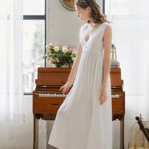 Sexy Lace Nightdress Female Summer Cotton Women Dress pajamas Sleepwear retro Nightgown home service vestidos roupas femininas