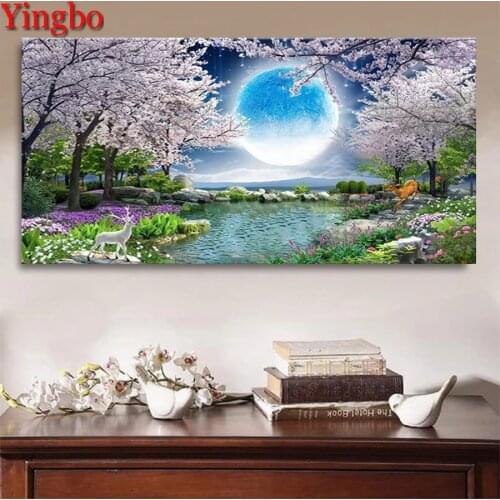 Full square round diamond painting Cherry blossoms and moon lake scenery diamond embroidery rhinestone mosaic diamond inlaid