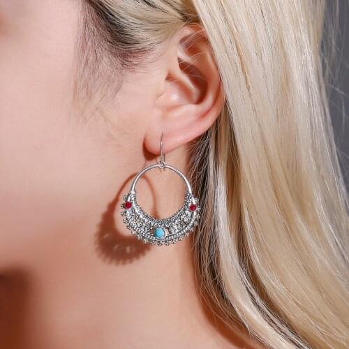 Silver Plated Alloy Textures Sector Retro Hollow Carving Oval Blue Stone Geometry Beads Dangle Earrings Drop Earrings for Women