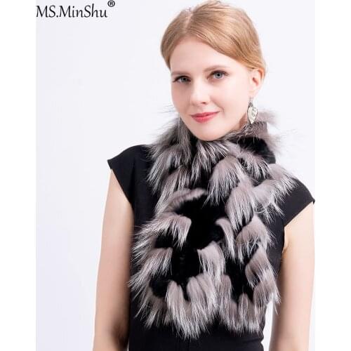 MS.MinShu Real Fur Scarf Hand knitted Rex Rabbit Fur Scarf Genuine Fur Scarf with Fox Fur Trimming