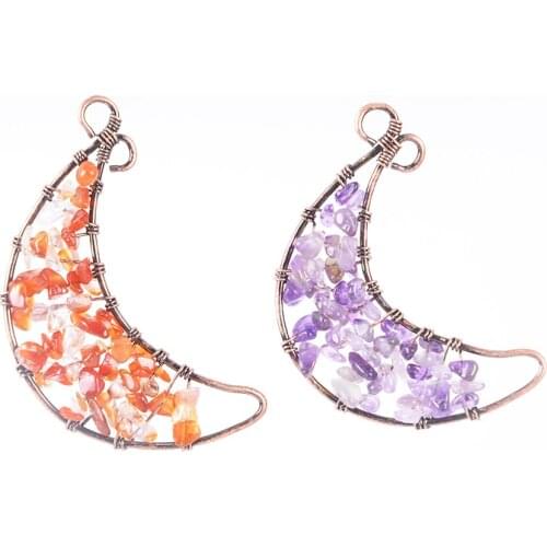 Charm Wire Wrap Moon of Life Necklace Pendant Natural Stone Chip Bead Lapis Lazuli Opal Clear Crystal Female Jewelry D803—D807