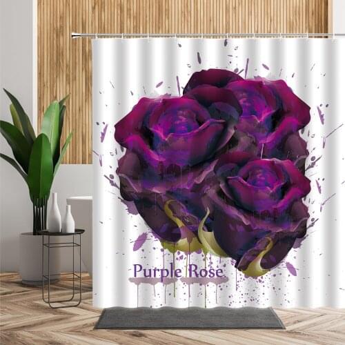 Purple Rose Flower Shower Curtain Floral Printed Fabric Bathtub Decorate Festival Hanging Cloth Bath Curtains For Bathroom Decor