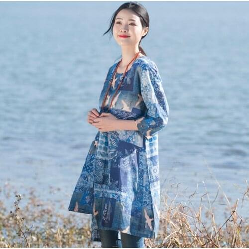 Women Printed Irregular Length Print Tops Shirts Ladies Vintage Print Long Blouse Female Retro Spring Summer Half Sleeve Tops