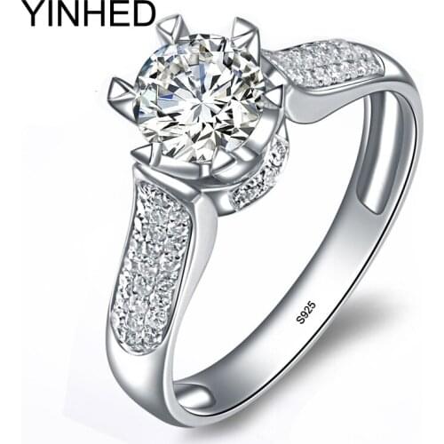 YINHED Luxury Solid Silver Wedding Rings for Women 1.5 Carat Cubic Zirconia CZ Diamant Engagement Ring 925 Silver Jewelry ZR371