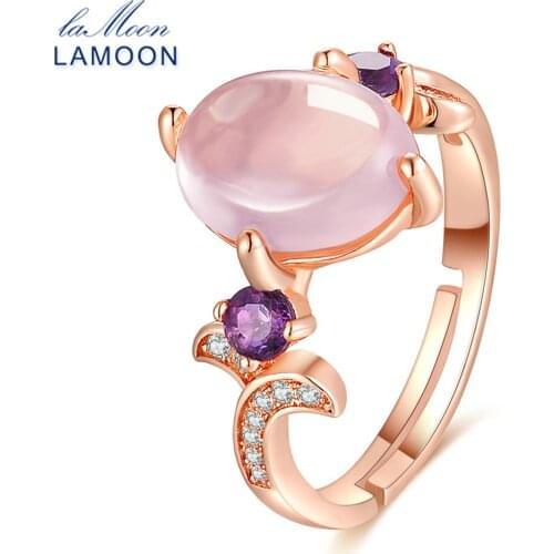 LAMOON Princess Pink Rings For Women 8x10mm 100% Natural Oval Rose Quartz Gemstone 925 Sterling Silver Fine Jewelry RI017