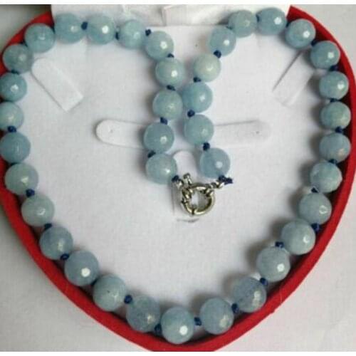 10mm Natural Faceted Blue Aquamarine Round Gemstone Beads Necklace 18"AAA