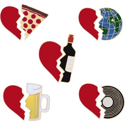 2Pcs Set Broken Heart Brooches Enamel Pins Freestyle Wine Earth Pizza Bottle Round Shirt Lapel Pin Bag Badges Women Men Jewelry