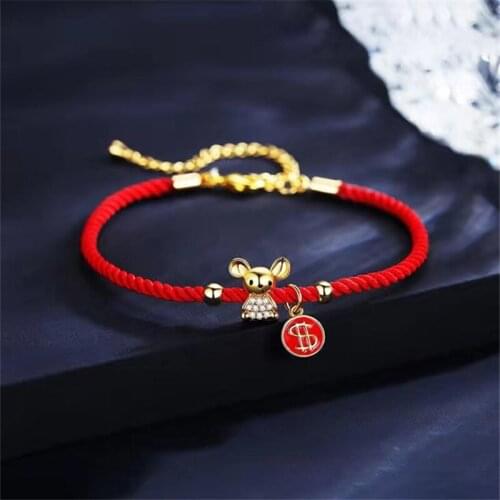 2020 The Rat New Year 925 Sterling Silver Red Rope Bracelets Cute Blessing Mouse Copal Coating Coin Resin Varnish Money Sign
