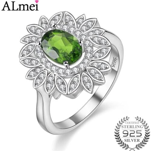 Almei 1ct Diopside Valentines Day Gift Womens Silver 925 Wedding Large Colored Bloom Flower Green Ring with Free Box 40% FJ113