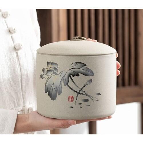 Chinese Coarse Pottery Tea Caddy Tea Set Wooden Box Green Tea Household Goods Storage JarStorage Moisture-Proof Pot Jar Tea Ware