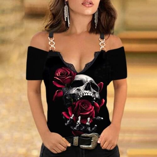 Skeleton Rose Print Blouse Women Clothing Lace Chain V-neck Short Sleeves Shirt Blouse Summer Sexy Off Shoulder Top Блузки