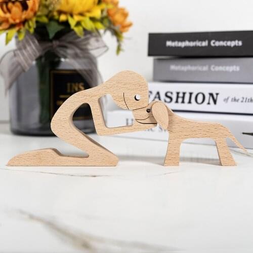 Human and Dog Wooden sculpture hand-sanded Craft Home Desk Decorations Carved Miniatures Family Puppy Ornament Table Statue