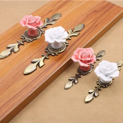 Door Handle Pink/White Rose Vintage Ceramic Alloy Base Cabinet Knobs Cupboard Dresser Kitchen Furniture Door Pull Handles