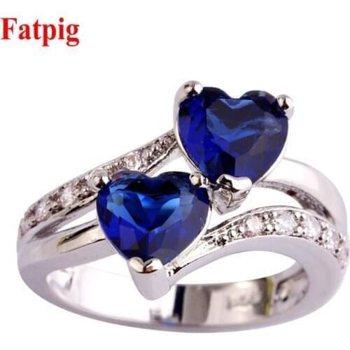 Fatpig Double Heart Rhinestones Ring Women Wedding Engagement Rings Size 6 7 8 9 10 11 12 Silver Plated Rhinestone Rings