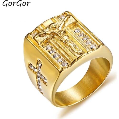 GorGor Rings Men Stainless Steel Pattern Cross Jesus Mosaic Rhinestone Individuality Belief Simple Fashion Accessories RC-399