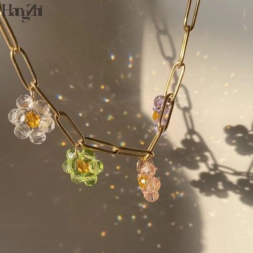 HangZhi 2021 New Korean Colorful Flowers Pendant Acrylic Metal Chain Necklace Bracelet for Women Summer Party Vacation Jewelry