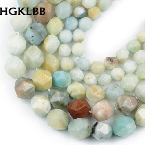 HGKLBB Natural Big Faceted Amazonite Stone spacers Loose beads for Jewelry making bracelets necklace DIY Accessories 6/8/10MM