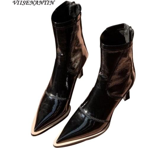INS Fashion Back Zipper Patent Leather Boots Pointed Toe Thin Heel Boots Catwalk Comfortable Genuine Leather Ankle Boots Women