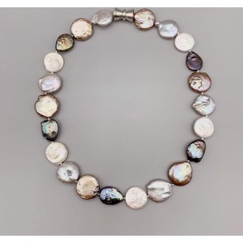 FoLisaUnique 17-18mm Black Gray White Brown Coin Pearls Necklace For Women Gift Magnet Clasp Casual Neutral Necklace 18 Inch
