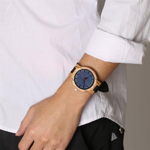 Men Wooden Watch Quartz Genuine Leather Bangle Watch Dark Blue Analog Display Wood Watch for Men reloj de madera Fashion Watches
