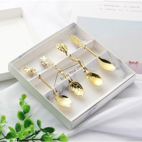 4Pieces Set Mini Cute Vintage Dessert Coffee Spoon Flatware Royal Style Coconut Tree Tea Spoon Carved Ice Cream Golden Tableware