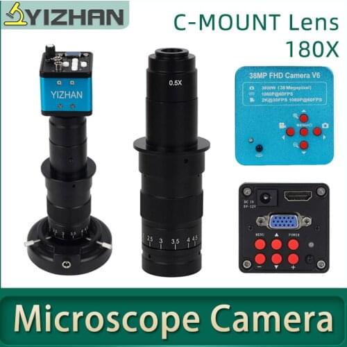 Industry Video Microscope Camera Adjustable Magnification 180X Zoom C Mount Lens 38MP HDMI VGA USB Microscope Camera With Light