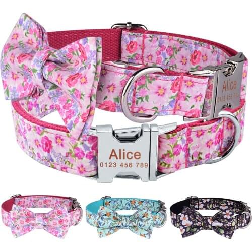 Adjustable Nylon Decorative Pattern Bow Dog Collar Custom Free Personalized Dog Collar Small Large Unisex Pet Dog Collar ID Tag