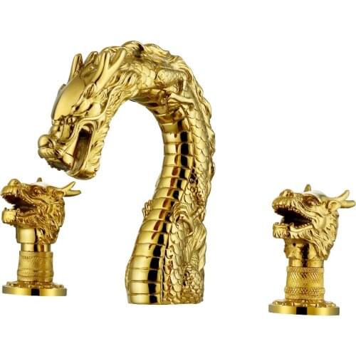 24k GOLD PVD Luxury WIDESPREAD LAVATORY BATHROOM SINK DRAGON FAUCET mixer tap double dragon handles deck mounted unique tap