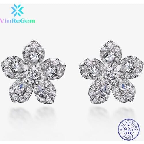 Vinregem 100% 925 Sterling Silver Pear Cut Created Moissanite Gemstone Wedding Engagement Flower Ear Studs Earrings Fine Jewelry