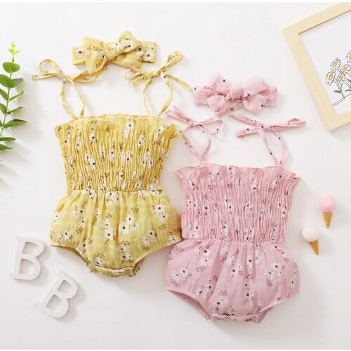 Cute Baby Girl Ruffle Floral Printed Romper Jumpsuit Headband Outfits Sunsuit for Newborn Infant Children Clothes Kid Clothing