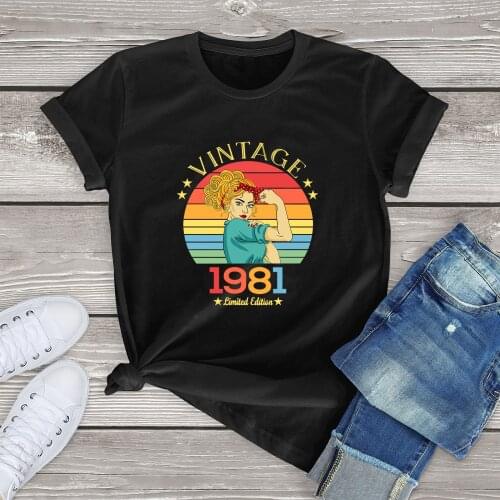 Unisex Cotton Vintage 1981 Limited Edition Retro Rosie Womens 40th Birthday Gifts Funny Summer Mens Novelty T-Shirt Women Tee