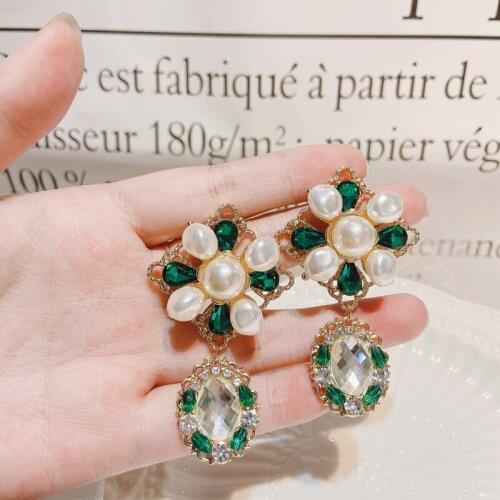 Vintage Fashion Korean Green Crystal Flower Drop Earrings For Women Girls Elegant Pearl Oorbellen Party Jewelry