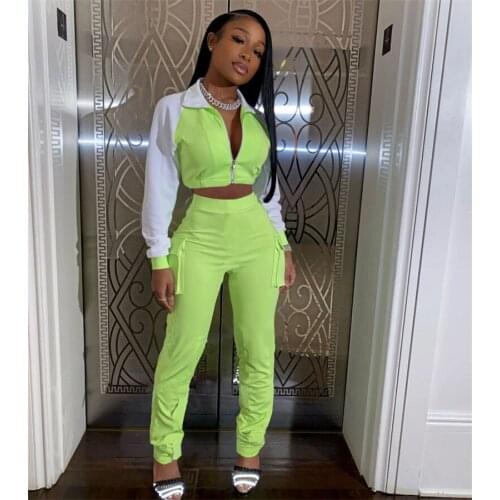 Imcute 2020 Women Casual Luminous Tracksuits 2 Piece Sets Patchwork Zipper Long Sleeve Jacket Tops High Waist Trousers Pants New