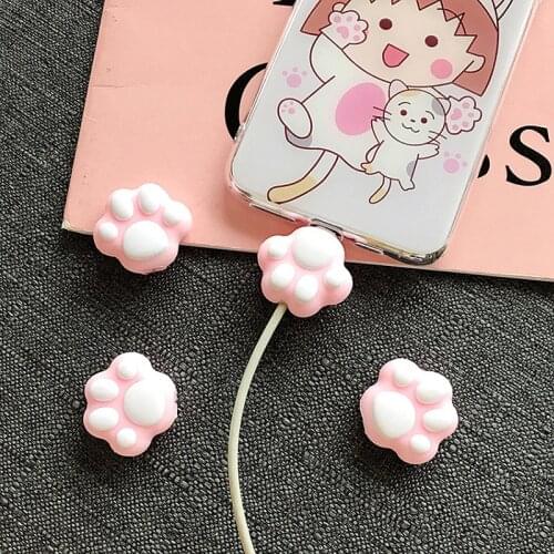1pc Cute Animal Cable Holder for Original Iphone Usb Cable Cartoon Organizer Winder Cartoon Pink Cat Paws Cable Bite Protector