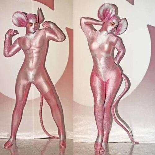 2020 Pink Stretch Masked Jumpsuit Men Rat Role Performance Clothes Women Halloween Cosplay Costume Bar Party Sexy Stage Costumes