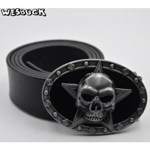 5 PCS MOQ WesBuck Brand Fashion Skull Mens Belt Buckle , Novel Style Cowboy Pentagram Pattern Belt Buckle And PU Belt